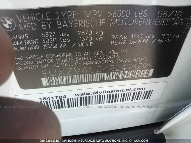 5UXZV8C54BL418799 - 2011 BMW X5 XDRIVE50I Beyaz fotoğraf 9