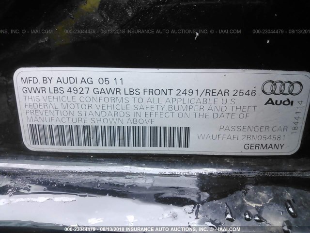 WAUFFAFL2BN054581 - 2011 AUDI A4 PREMIUM PLUS BLACK photo 9