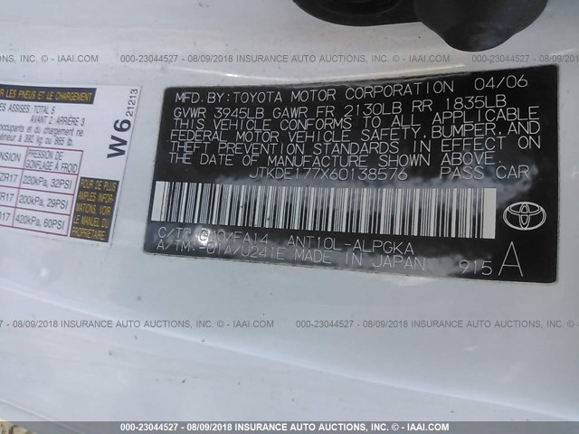 JTKDE177X60138576 - 2006 TOYOTA SCION TC 白色 照片 9