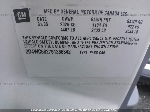 2G4WC532751258342 - 2005 BUICK LACROSSE CX WHITE photo 9