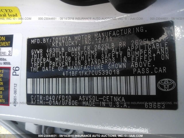 4T1BF1FK7CU539018 - 2012 TOYOTA CAMRY SE/LE/XLE თეთრი ფოტო 9