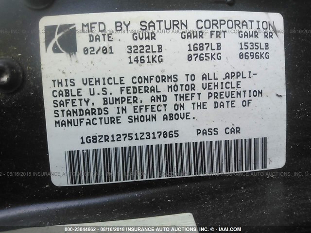 1G8ZR12751Z317065 - 2001 SATURN SC2 GRAY photo 9