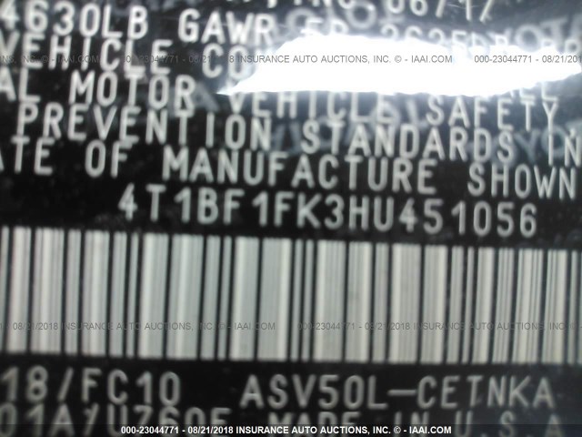 4T1BF1FK3HU451056 - 2017 TOYOTA CAMRY LE/XLE/SE/XSE BLACK photo 9