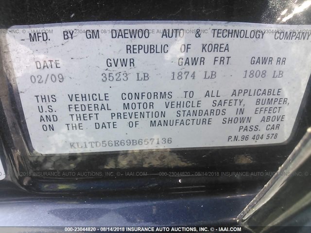 KL1TD56E69B657136 - 2009 CHEVROLET AVEO LS/LT 黑色 照片 9