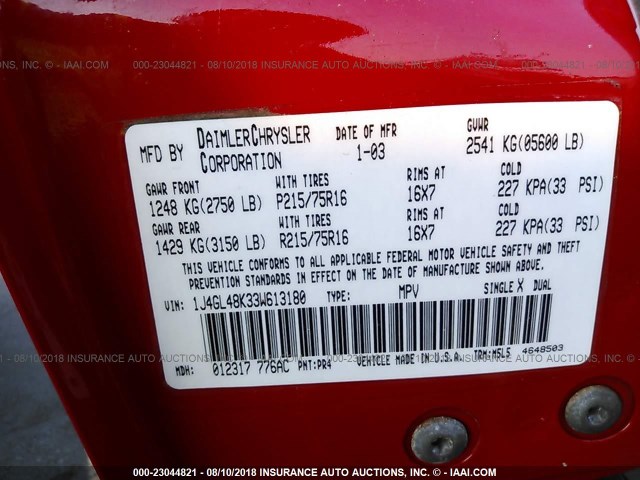 1J4GL48K33W613180 - 2003 JEEP LIBERTY SPORT/FREEDOM RED photo 9