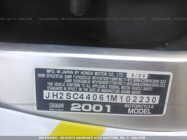 JH2SC44061M102230 - 2001 HONDA CBR900 RR YELLOW photo 10