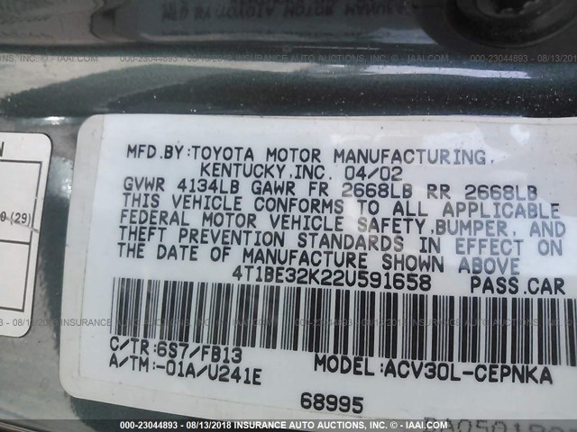 4T1BE32K22U591658 - 2002 TOYOTA CAMRY LE/XLE/SE 灰色 照片 9