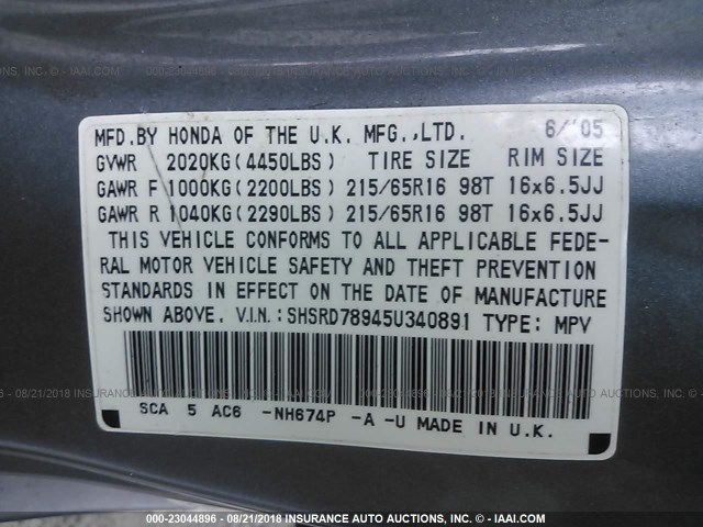 SHSRD78945U340891 - 2005 HONDA CR-V SE/EX GRAY photo 9