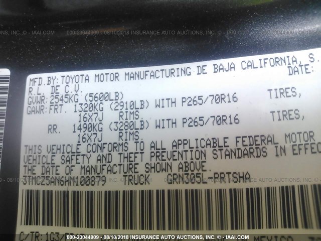 3TMCZ5AN6HM100879 - 2017 TOYOTA TACOMA DBL CAB/SR/TRDSPT/OR/PRO ნაცრისფერი ფოტო 9