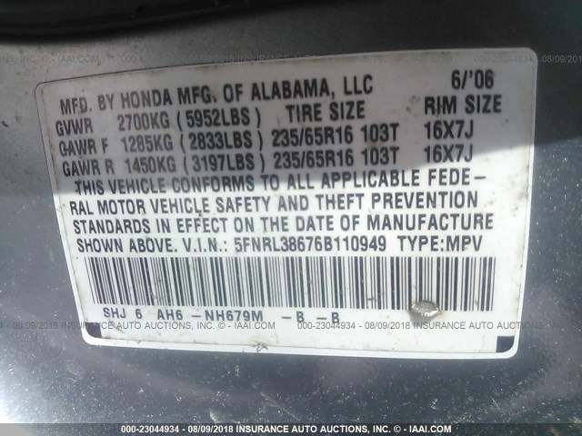 5FNRL38676B110949 - 2006 HONDA ODYSSEY EXL GRAY photo 9