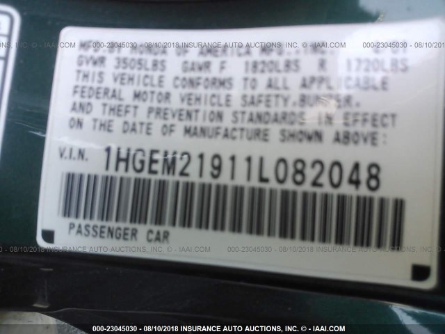 1HGEM21911L082048 - 2001 HONDA CIVIC SI/EX GREEN photo 9
