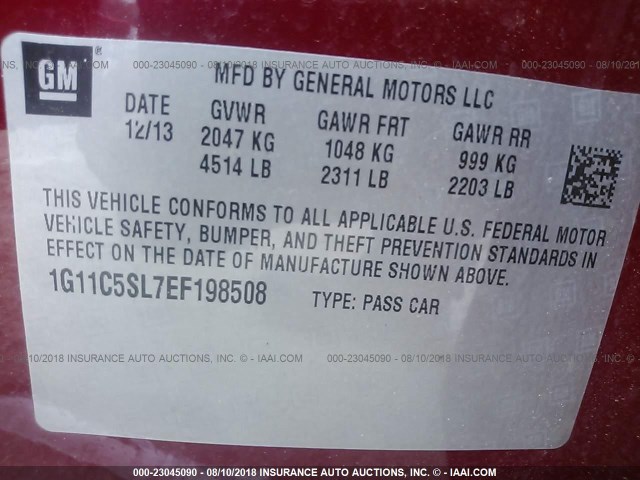 1G11C5SL7EF198508 - 2014 CHEVROLET MALIBU 1LT წითელი ფოტო 9