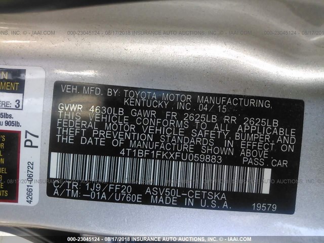 4T1BF1FKXFU059883 - 2015 TOYOTA CAMRY LE/XLE/SE/XSE 银色 照片 9