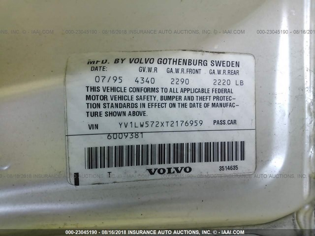 YV1LW572XT2176959 - 1996 VOLVO 850 CREAM photo 9