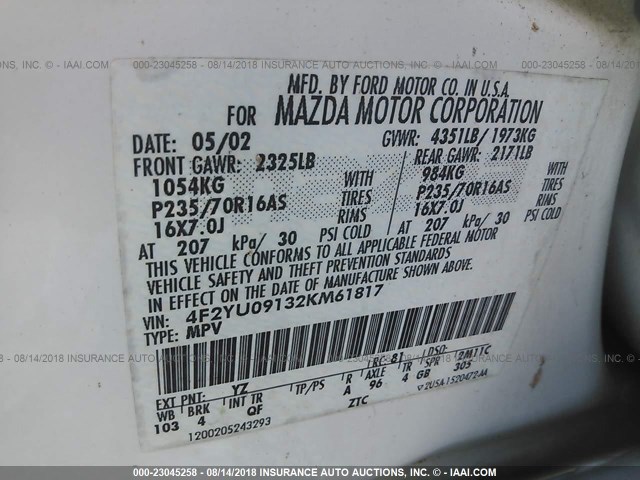 4F2YU09132KM61817 - 2002 MAZDA TRIBUTE LX/ES 白色 照片 9