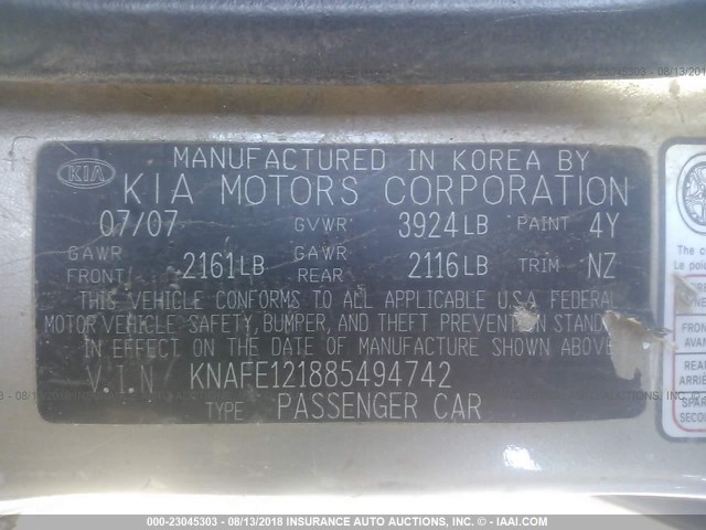 KNAFE121885494742 - 2008 KIA SPECTRA EX/LX/SX GOLD photo 9