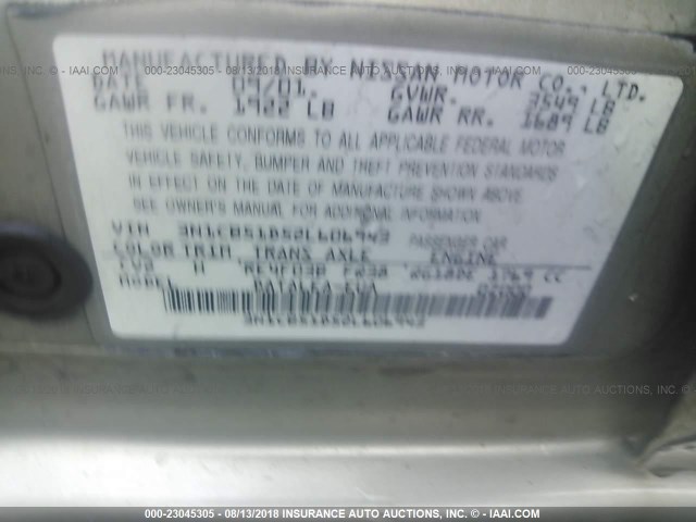 3N1CB51D52L606943 - 2002 NISSAN SENTRA XE/GXE BEIGE photo 9