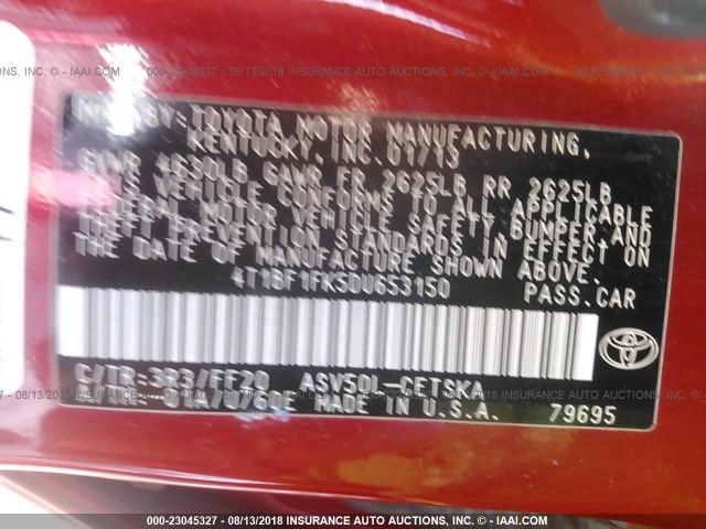 4T1BF1FK5DU653150 - 2013 TOYOTA CAMRY L/SE/LE/XLE 红色 照片 9