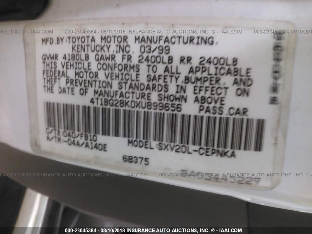 4T1BG28K0XU899656 - 1999 TOYOTA CAMRY CE/LE/XLE 白色 照片 9