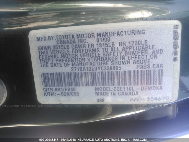 2T1BR12E0YC338805 - 2000 TOYOTA COROLLA VE/CE/LE 绿色 照片 9