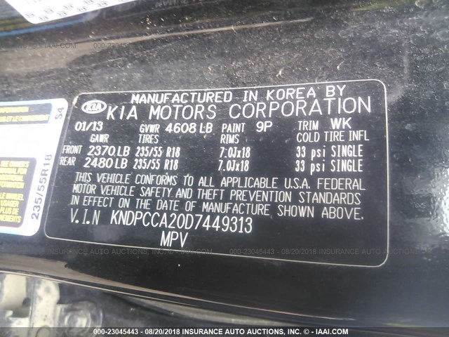 KNDPCCA20D7449313 - 2013 KIA SPORTAGE EX BLACK photo 9