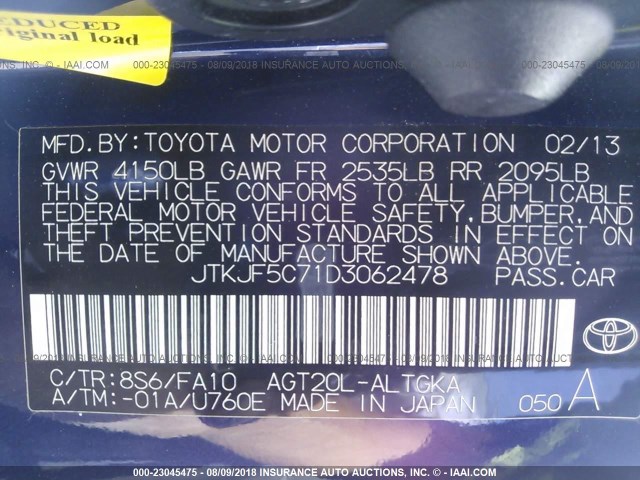 JTKJF5C71D3062478 - 2013 TOYOTA SCION TC 蓝色 照片 9