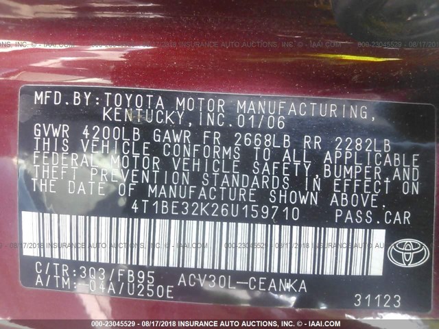 4T1BE32K26U159710 - 2006 TOYOTA CAMRY LE/XLE/SE Qırmızı foto 9