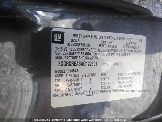 3GCRCREA6AG122301 - 2010 CHEVROLET SILVERADO C1500  LS GRAY photo 9