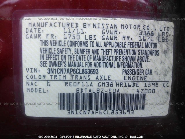 3N1CN7AP6CL853693 - 2012 NISSAN VERSA S/SV/SL RED photo 9