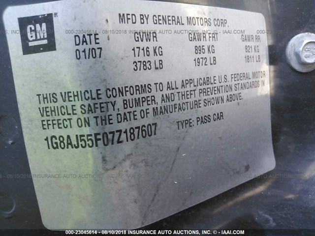 1G8AJ55F07Z187607 - 2007 SATURN ION LEVEL 2 黑色 照片 9