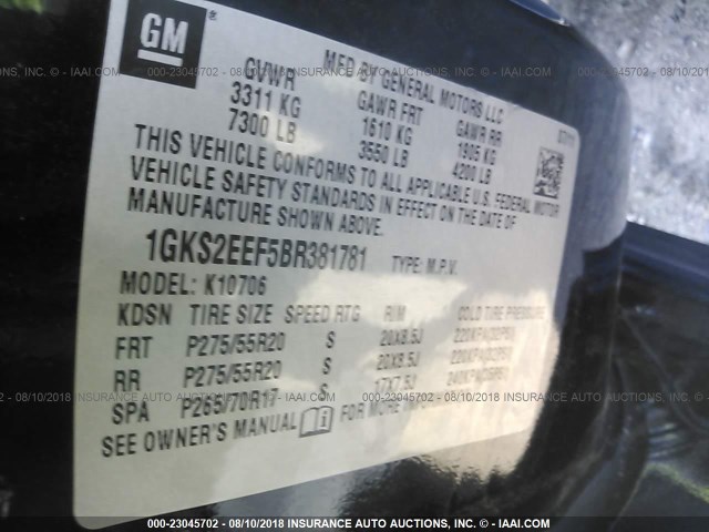 1GKS2EEF5BR381781 - 2011 GMC YUKON DENALI BLACK photo 9