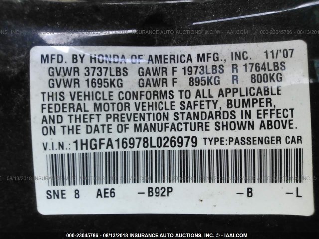 1HGFA16978L026979 - 2008 HONDA CIVIC EXL 黑色 照片 9