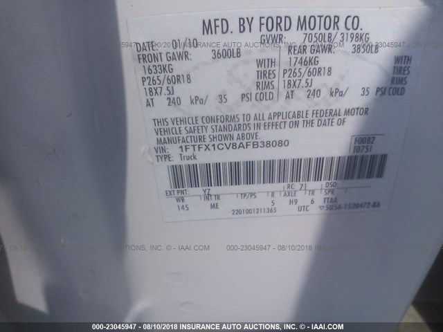 1FTFX1CV8AFB38080 - 2010 FORD F150 SUPER CAB WHITE photo 9