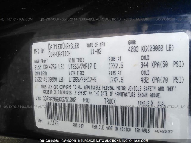 3D7KA28693G751002 - 2003 DODGE RAM 2500 ST/SLT 深蓝色 照片 9