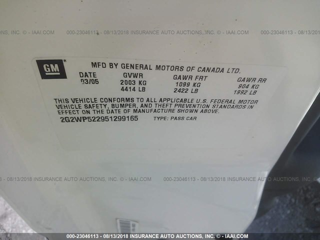 2G2WP522951299165 - 2005 PONTIAC GRAND PRIX WHITE photo 9