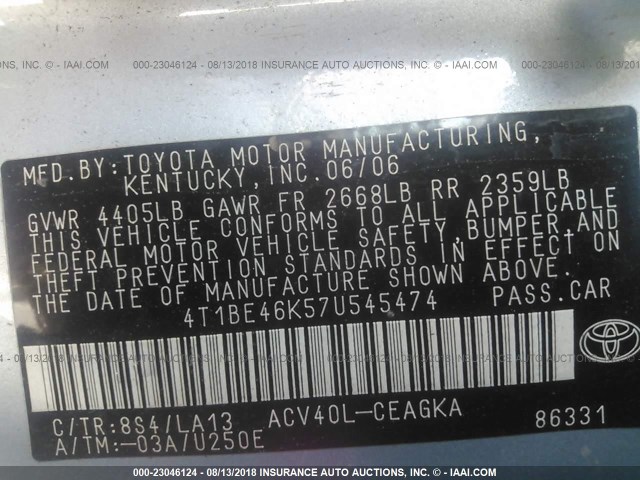 4T1BE46K57U545474 - 2007 TOYOTA CAMRY NEW GENERAT CE/LE/XLE/SE Light Blue photo 9