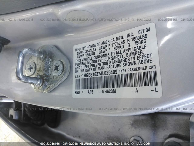 1HGES16374L025409 - 2004 HONDA CIVIC DX VP 灰色 照片 9