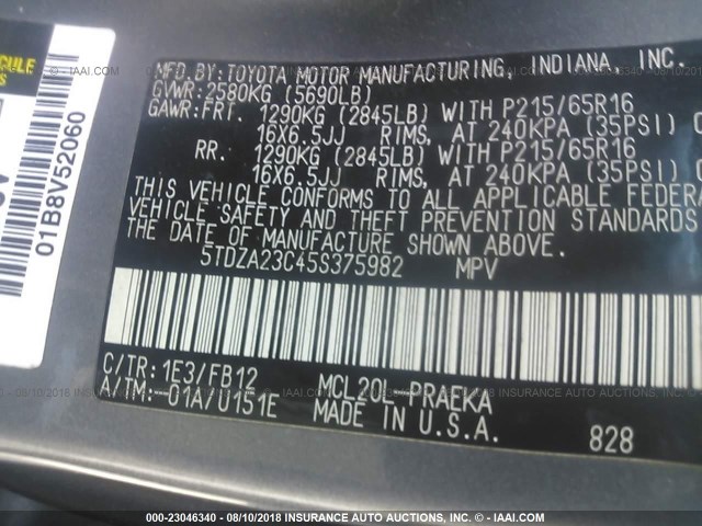 5TDZA23C45S375982 - 2005 TOYOTA SIENNA CE/LE GRAY photo 9