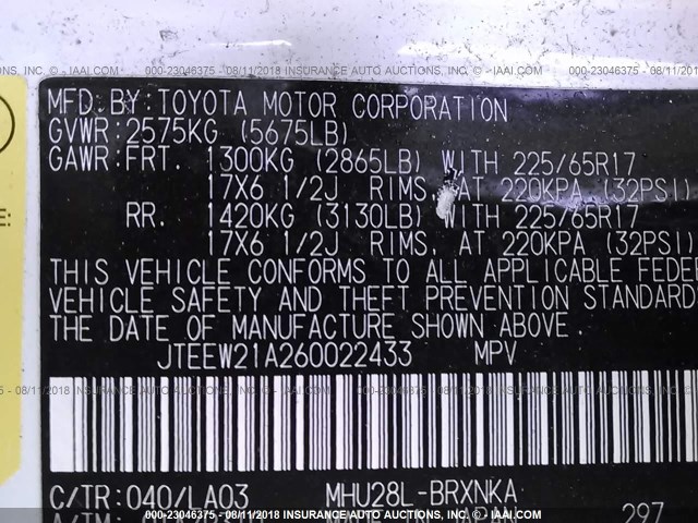 JTEEW21A260022433 - 2006 TOYOTA HIGHLANDER HYBRID WHITE photo 9