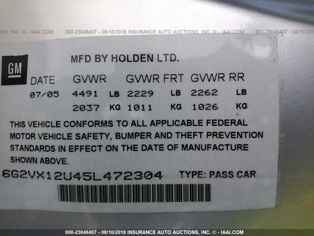 6G2VX12U45L472304 - 2005 PONTIAC GTO SILVER photo 9