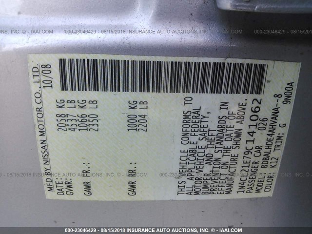 1N4CL21E79C141062 - 2009 NISSAN ALTIMA HYBRID SILVER photo 9