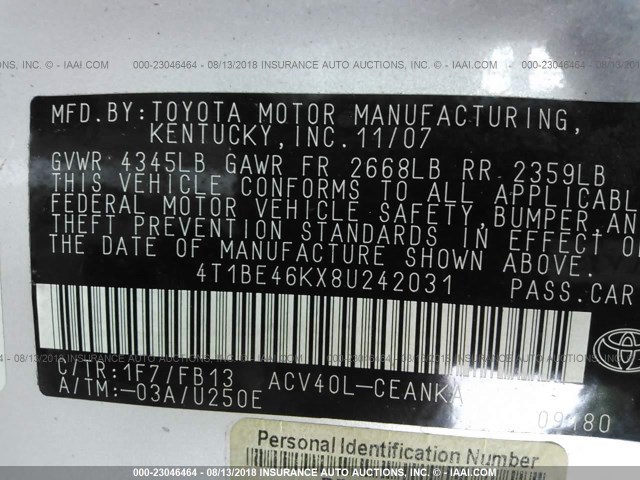 4T1BE46KX8U242031 - 2008 TOYOTA CAMRY CE/LE/XLE/SE SILVER photo 9