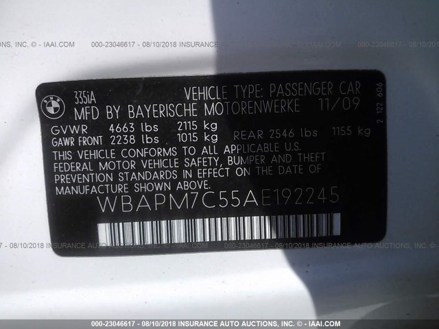 WBAPM7C55AE192245 - 2010 BMW 335 I WHITE photo 9