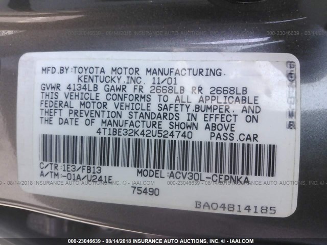 4T1BE32K42U524740 - 2002 TOYOTA CAMRY LE/XLE/SE 灰色 照片 9