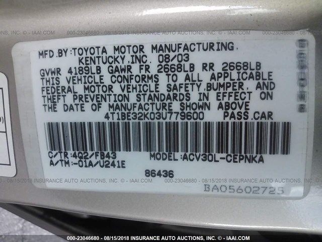 4T1BE32K03U779600 - 2003 TOYOTA CAMRY LE/XLE/SE 米色 照片 9