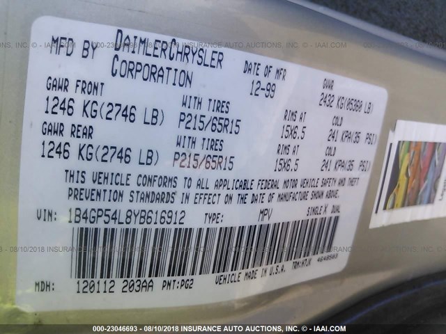 1B4GP54L8YB616912 - 2000 DODGE GRAND CARAVAN LE SILVER photo 9