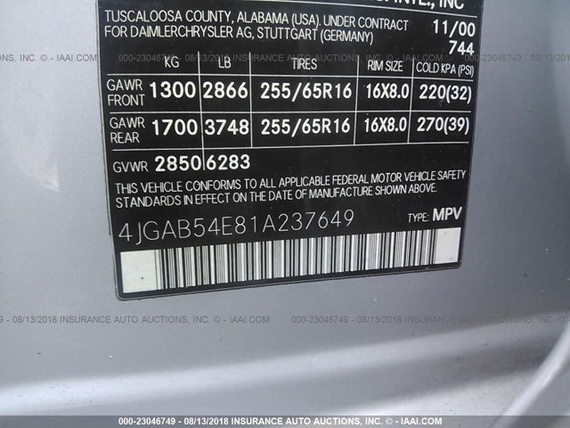 4JGAB54E81A237649 - 2001 MERCEDES-BENZ ML 320 SILVER photo 9