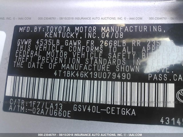 4T1BK46K19U079490 - 2009 TOYOTA CAMRY SE/LE/XLE SILVER photo 9