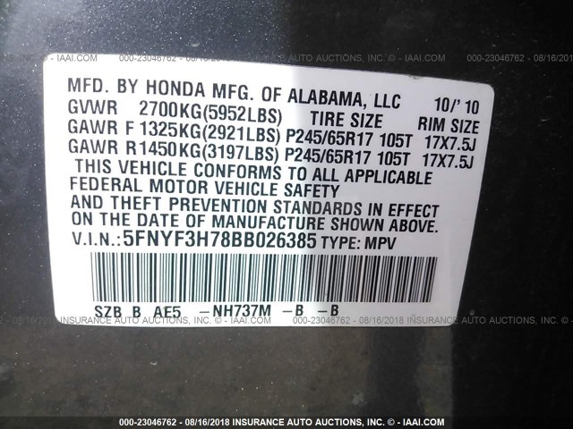 5FNYF3H78BB026385 - 2011 HONDA PILOT EXLN GRAY photo 9