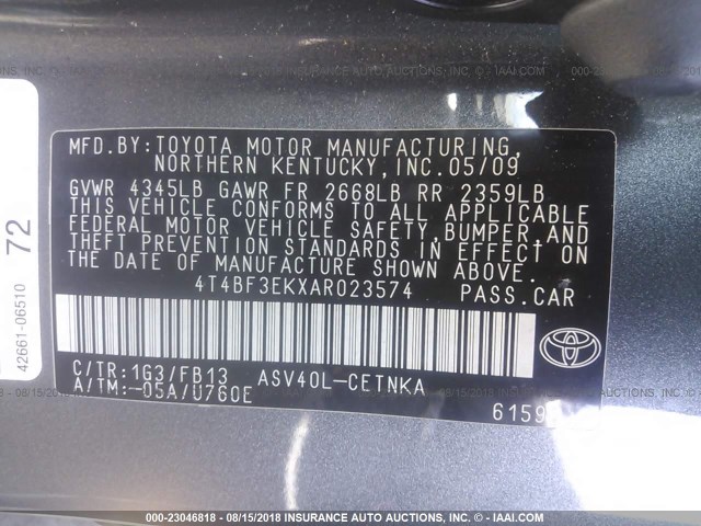 4T4BF3EKXAR023574 - 2010 TOYOTA CAMRY SE/LE/XLE ნაცრისფერი ფოტო 9